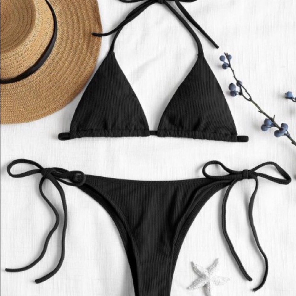 Black Ribbed String Bikini - Picture 2 of 4